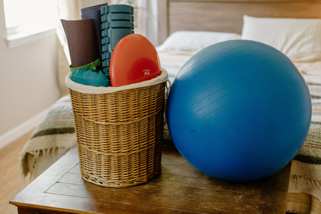 Exercise ball and other equipment for prenatal and labor activities