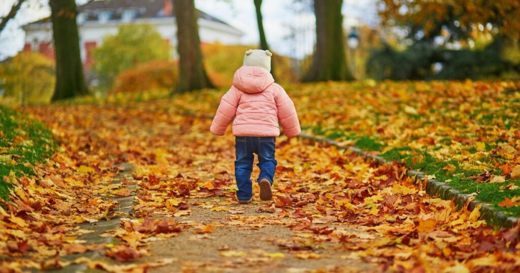 Outdoor-toddler-activities-with-child-exploring-fall-leaves-in-the-park