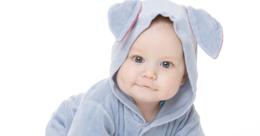 Baby wearing a bunny romper