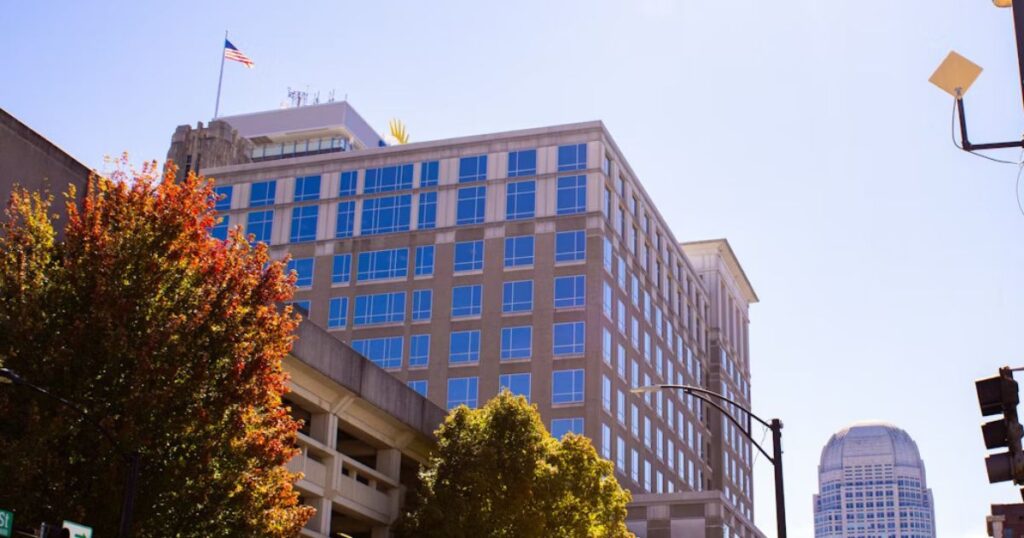 View of Winston-Salem in North Carolina with a large building on the street