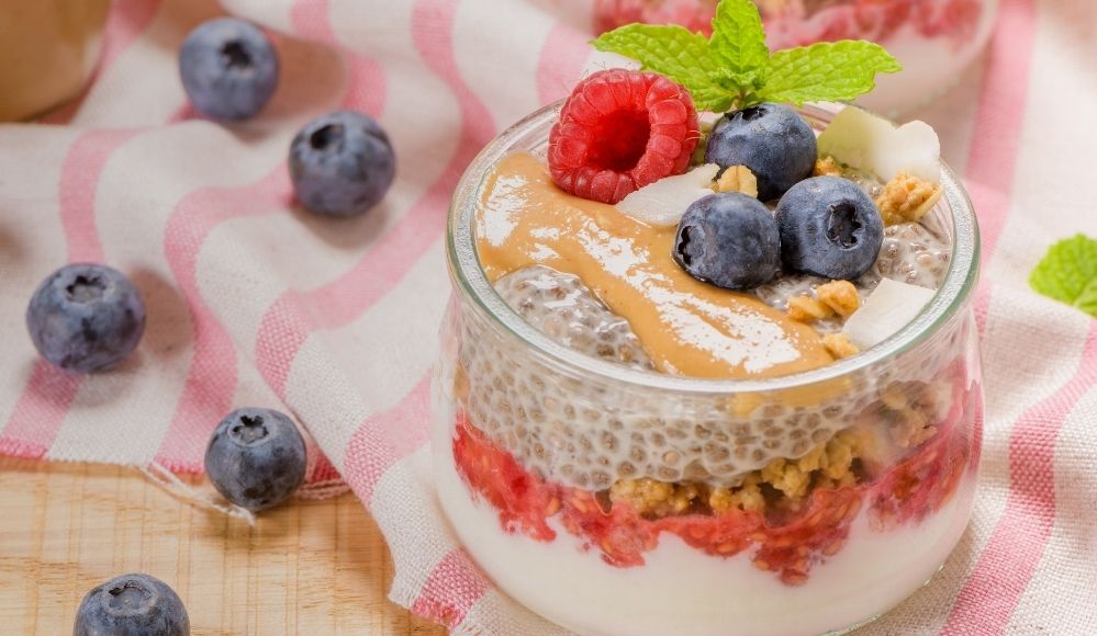 Chia seed pudding with fresh berries and granola
